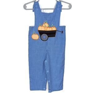 Precious Kids Micro Gingham Blue Fall Pumpkin Cart Baby Romper Size 3M